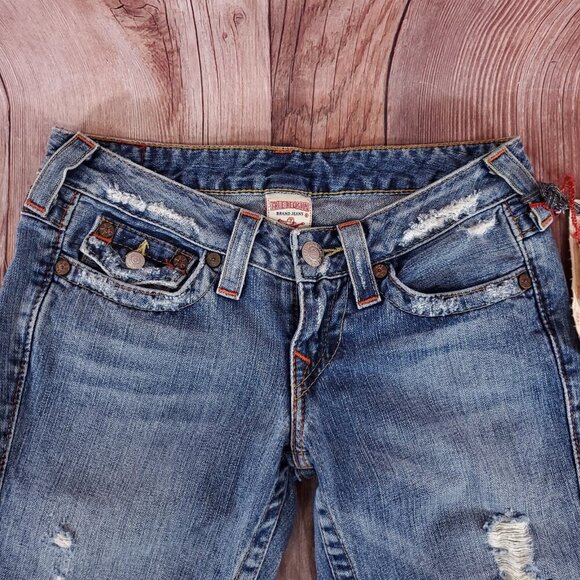 NWT True Religion Womens Size 26 Joey Row Seat Flap Flare Distressed Denim Jeans - Picture 6 of 15